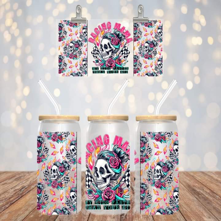 Racing Mama My Kid is Faster Glass Tumbler