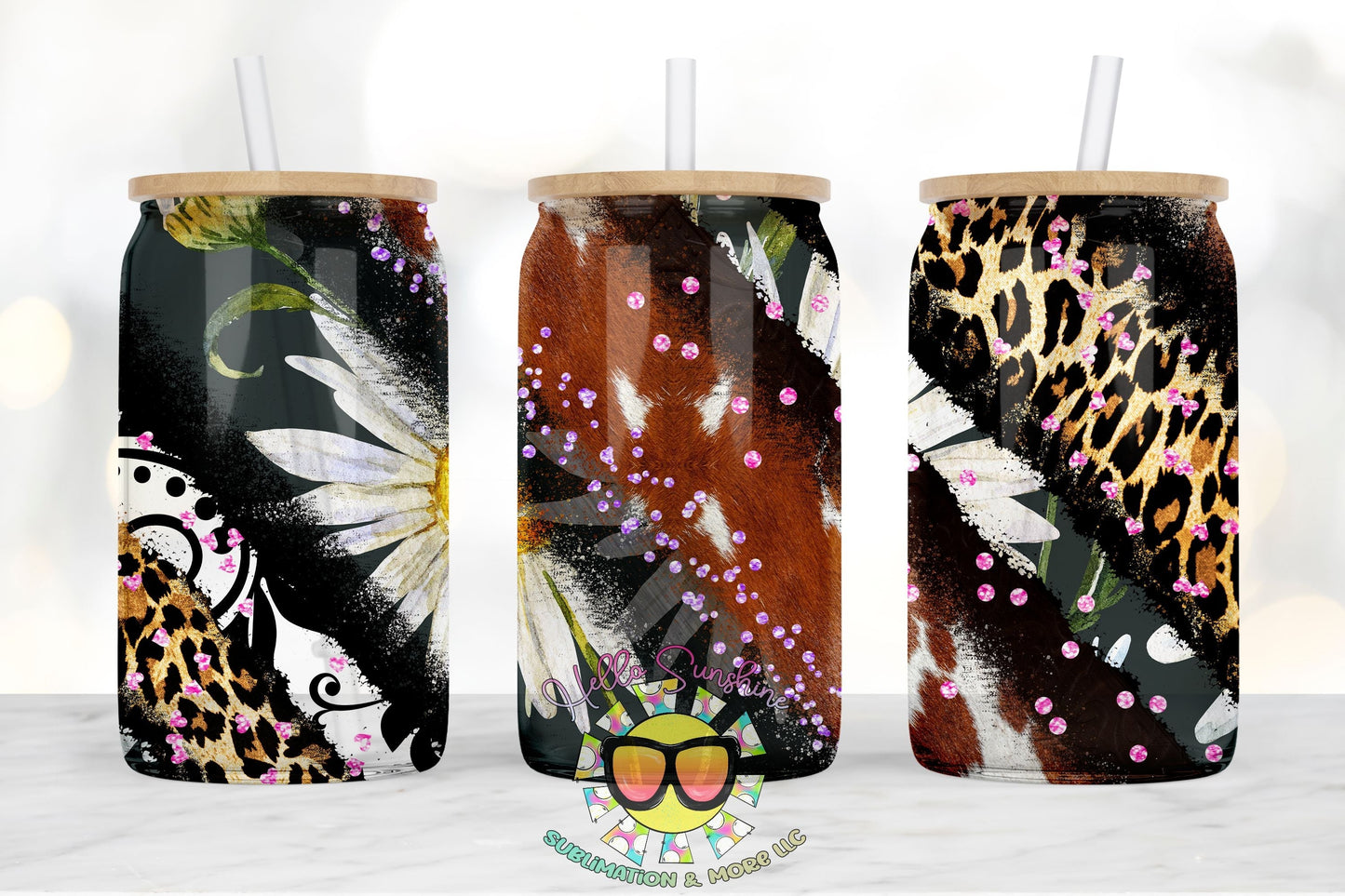 Leopard Daisy Cowhide Glass tumbler print