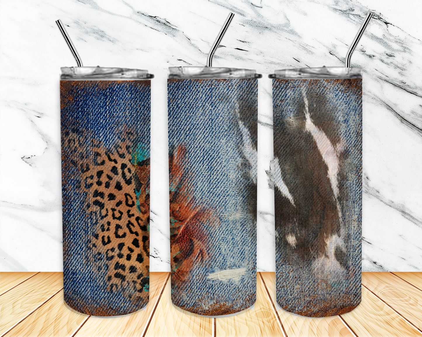 Denim Cowhide & Leopard Tumbler
