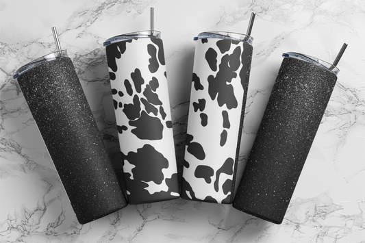 Black Cowprint Glitter Tumbler