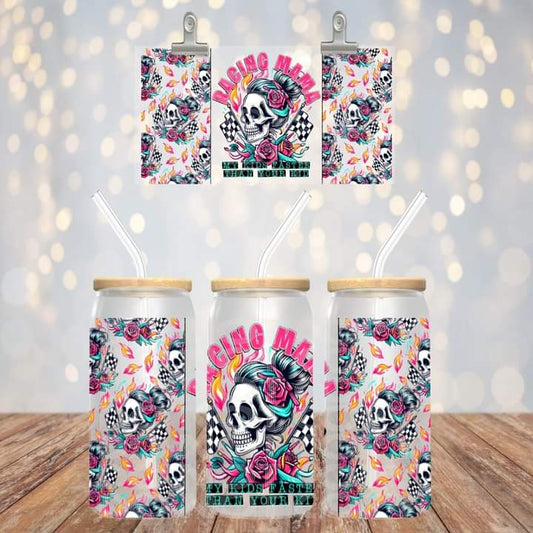 Racing Mama My Kid is Faster Glass Tumbler