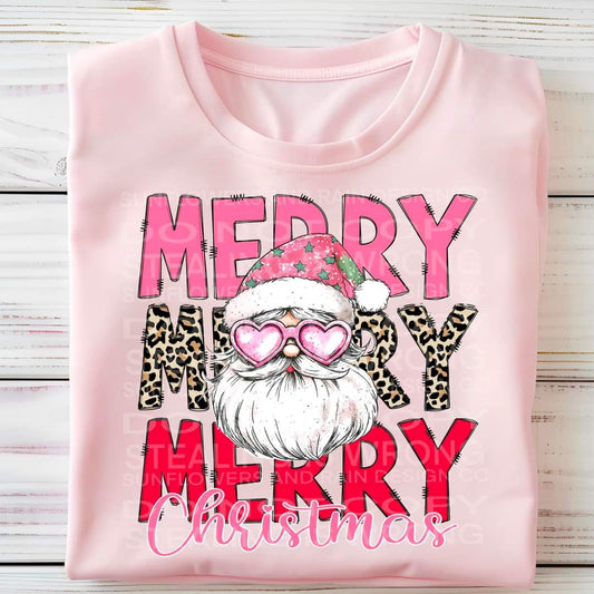 Merry Stacked Santa Pink T-shirt or Crew Sweatshirt