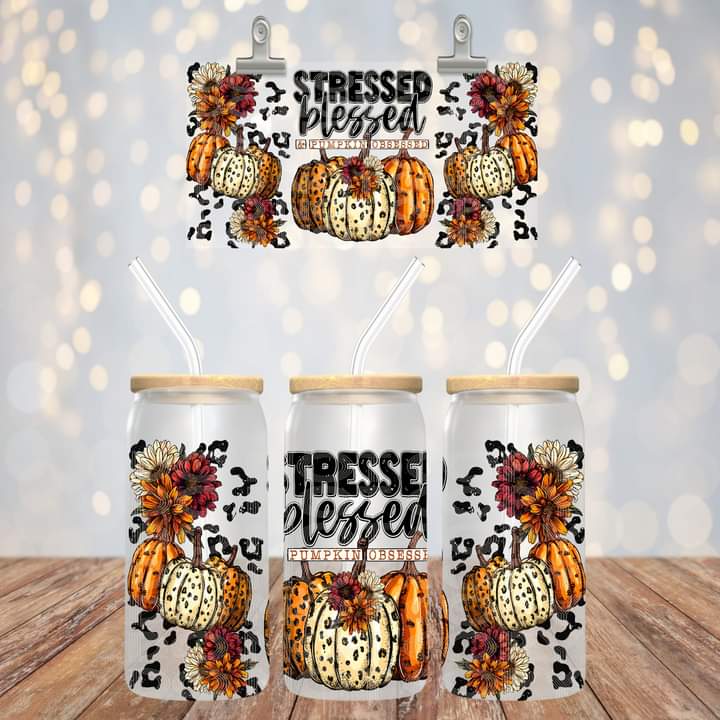 Stressed Blessed & Pumpkin Obsessed Glass Tumbler