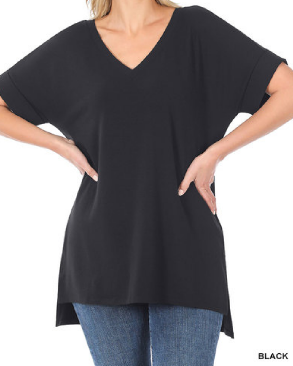 Rolled Sleeve Hi-Low Hem Tunics Vneck