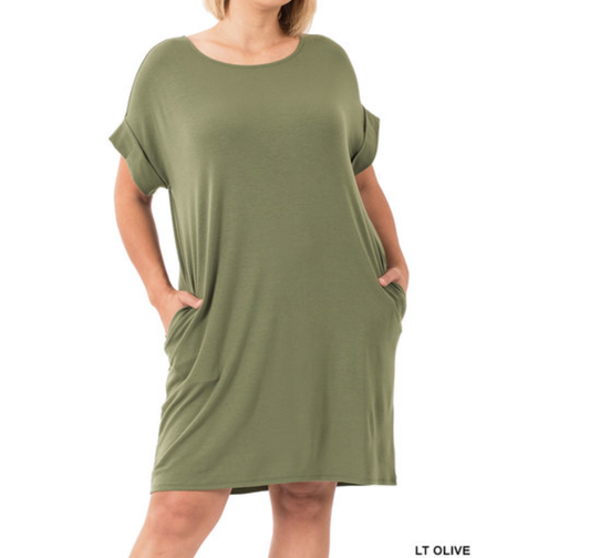 Rolled Sleeve Dresses with Pockets-New