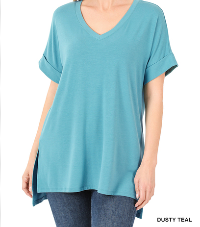 Rolled Sleeve Hi-Low Hem Tunics Vneck