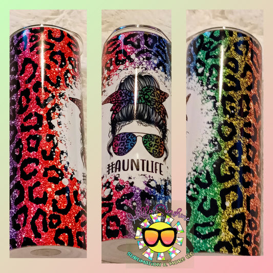 Messy Bun Rainbow Leopard Tumbler