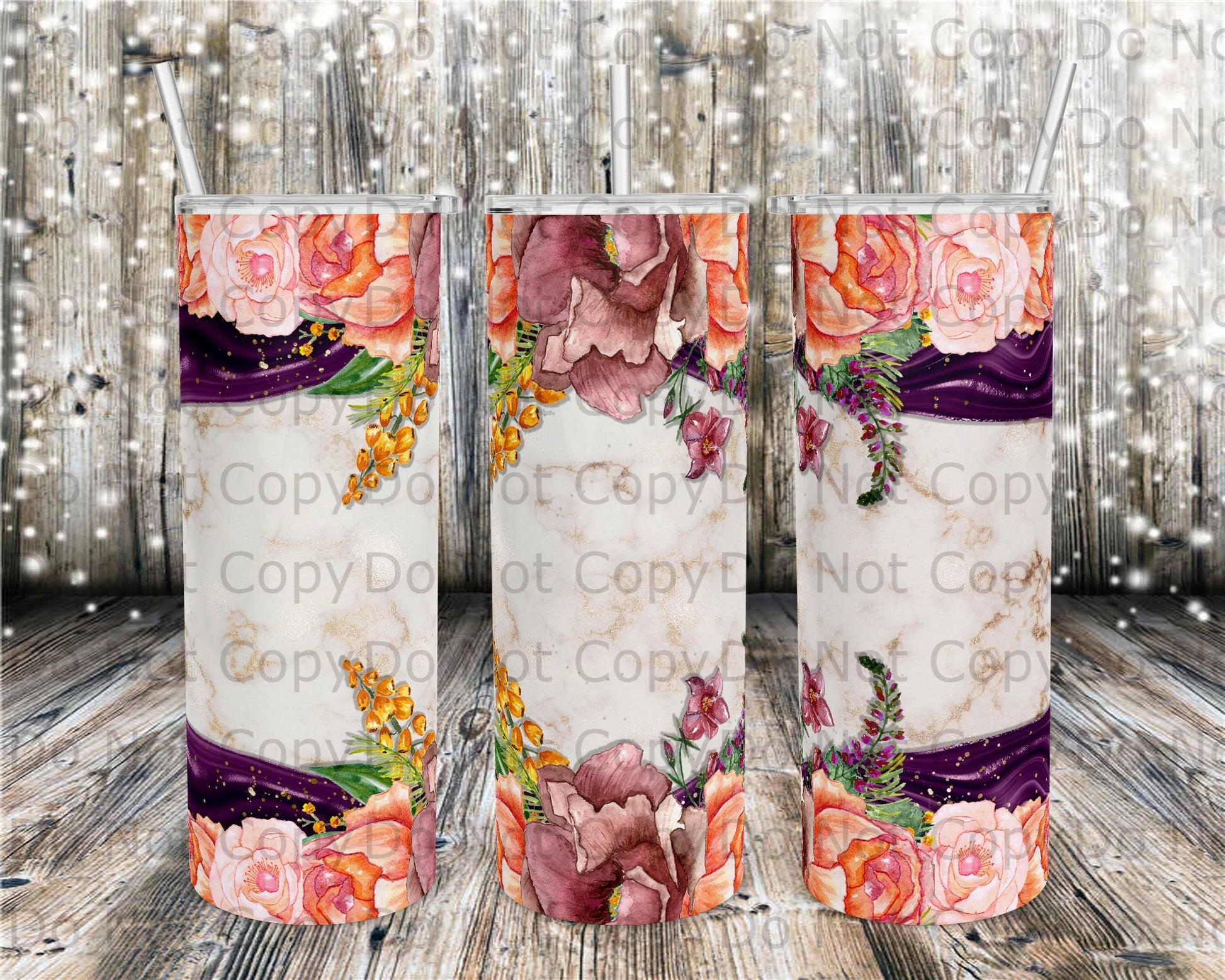 Coral Rose Peony Marble Tumbler Print