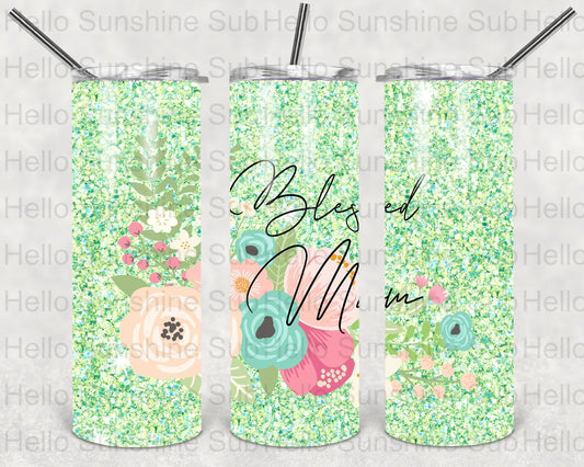 Green Floral Blessed Mom Tumbler