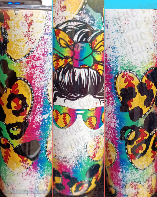 Softball Hearts Messy Bun Tumbler
