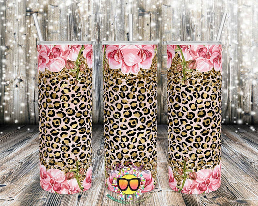 Pink Iris Gold Leopard Tumbler