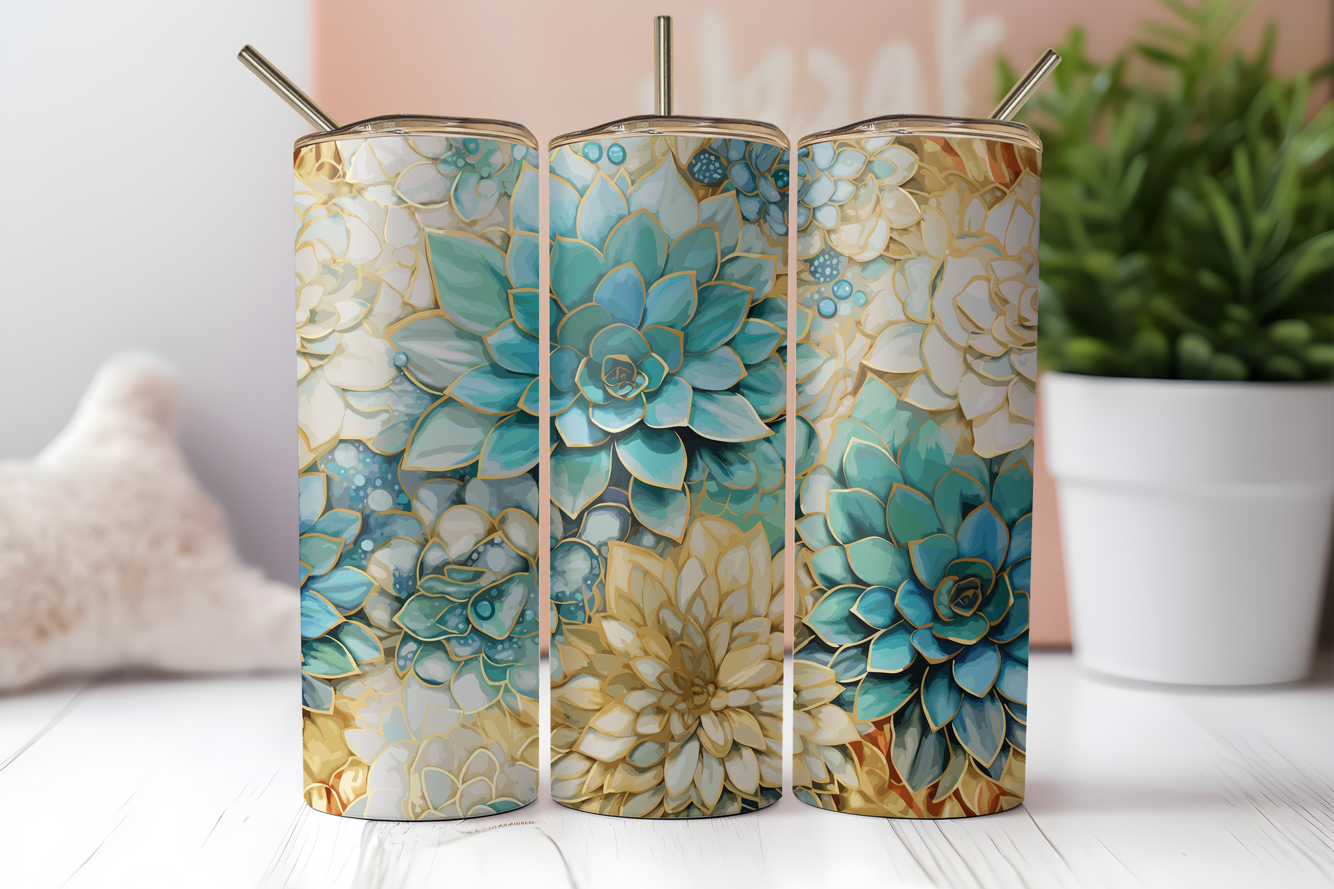 Teal Succulents Tumbler
